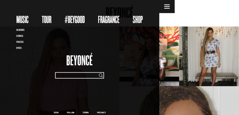 Homepage of Beyonce - nav