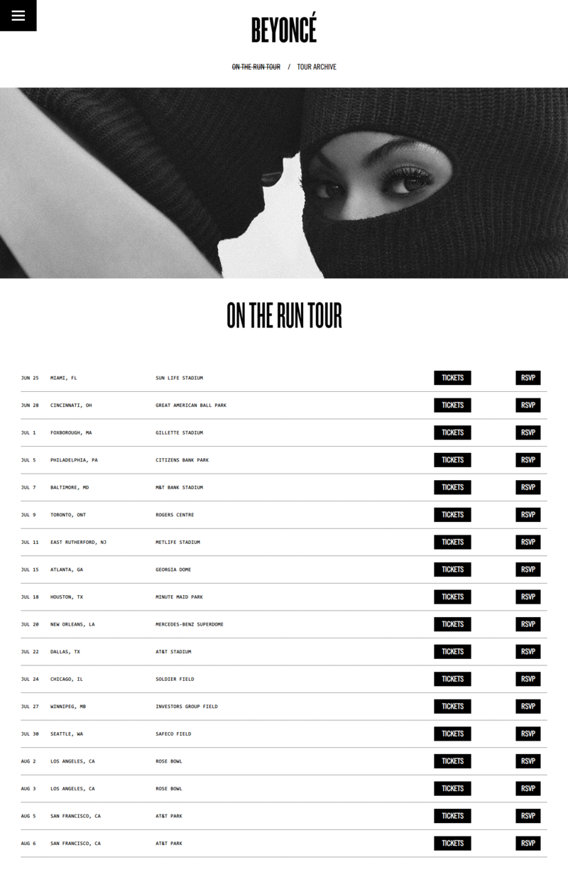 Homepage of Beyonce - tour
